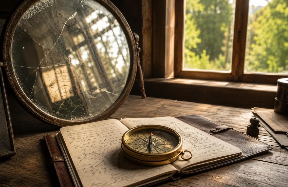 A brass compass on a notebook beside a cracked mirror, symbolising grounded discernment amid symbolic perception