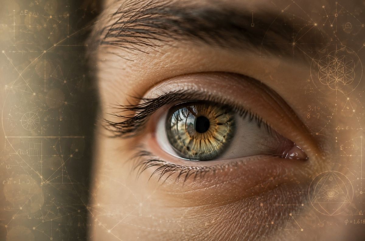 Close-up of a calm human eye with faint geometric overlays, representing heightened spiritual perception without fear