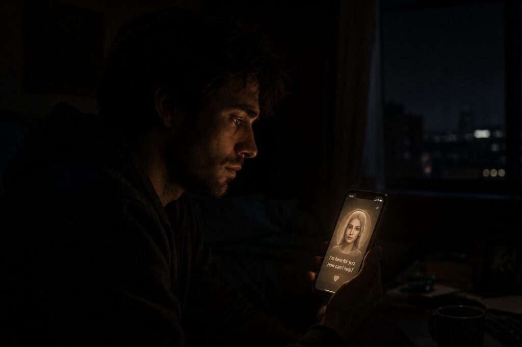 Solitary person in dark room illuminated only by the warm glow of a smartphone screen showing a compassionate AI chatbot interface