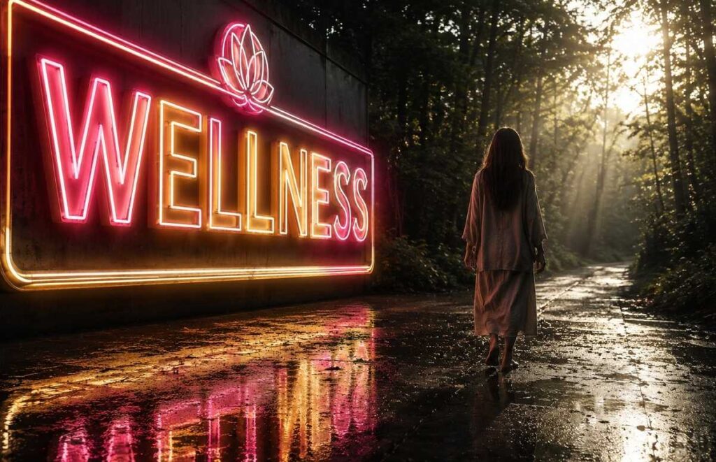 Person walking away from a glowing neon WELLNESS sign toward natural wilderness at dawn