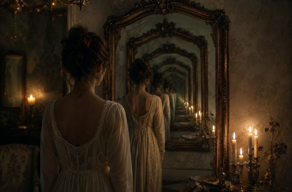 Phenomenological observer facing a mirror showing infinite recursion of awareness