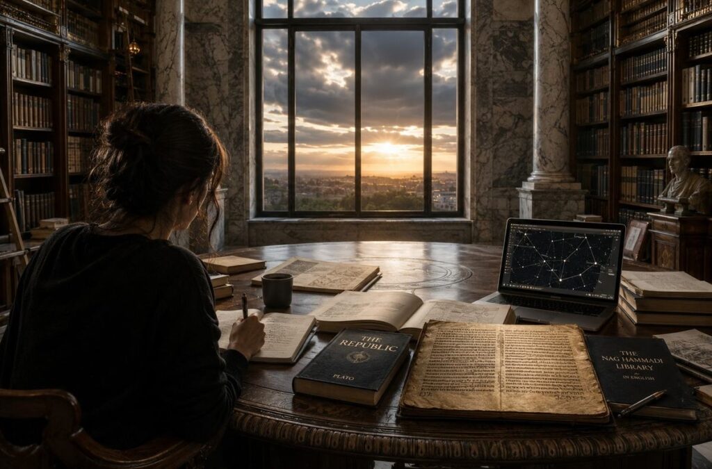 A solitary figure writing in a classical library with ancient and modern texts, representing Neo Gnosticism as philosophical inquiry.