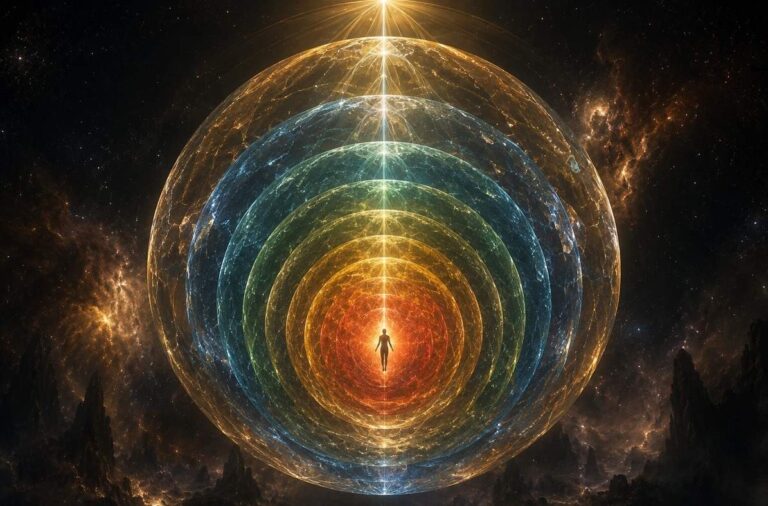 A solitary figure ascending through seven nested crystalline planetary spheres toward a distant divine light, representing the Hermetic ascent through sacred architecture.