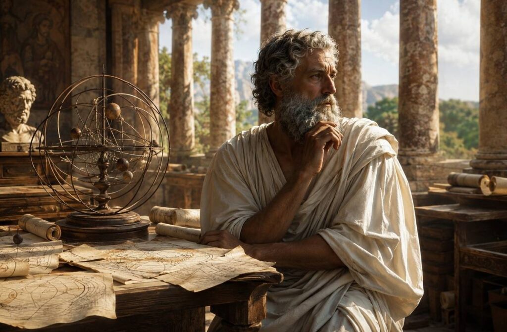 A classical Greek philosopher in white robes studying geometric models of the universe