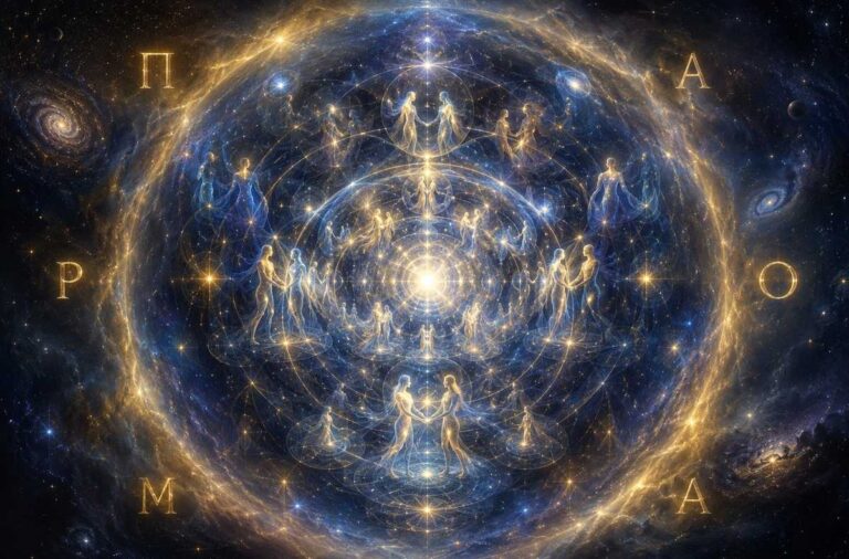 A vast luminous sphere of golden and sapphire light containing nested geometric spheres representing divine fullness