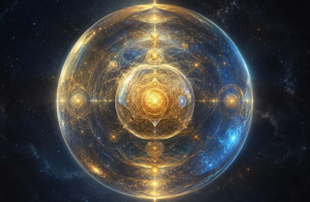 A vast luminous sphere of golden and sapphire light with nested geometric spheres floating in cosmic darkness