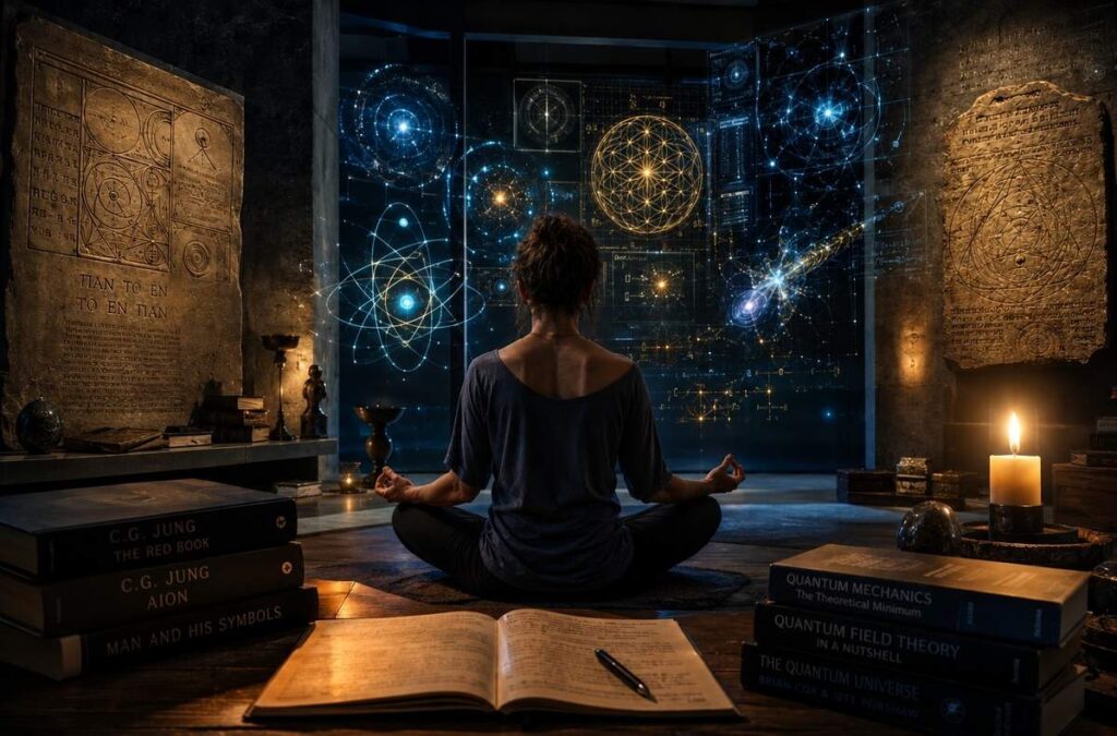 A meditating figure surrounded by ancient cosmic diagrams and modern quantum visualisations bridging worldviews