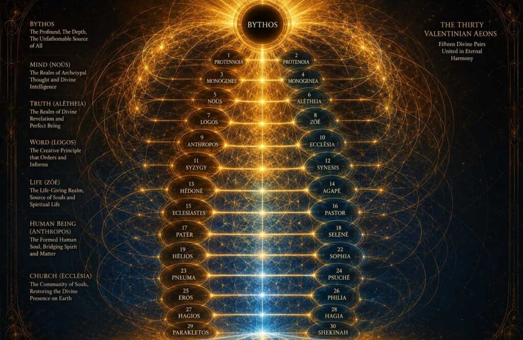 An intricate geometric mandala of interlocking golden circles representing thirty divine Aeons in male-female pairs