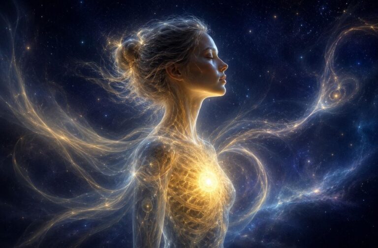 A luminous human figure with translucent anatomy revealing a golden radiant core surrounded by swirling light resembling breath.