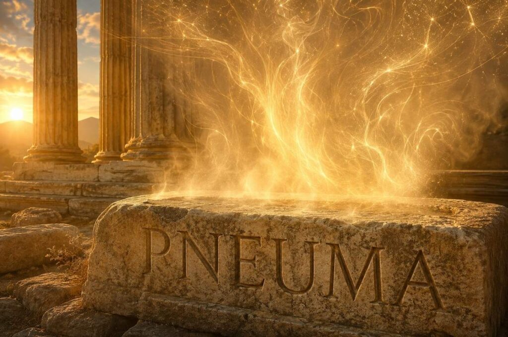 Ancient Greek marble carving of the word PNEUMA with breath-like mist rising and transforming into light rays at dawn.