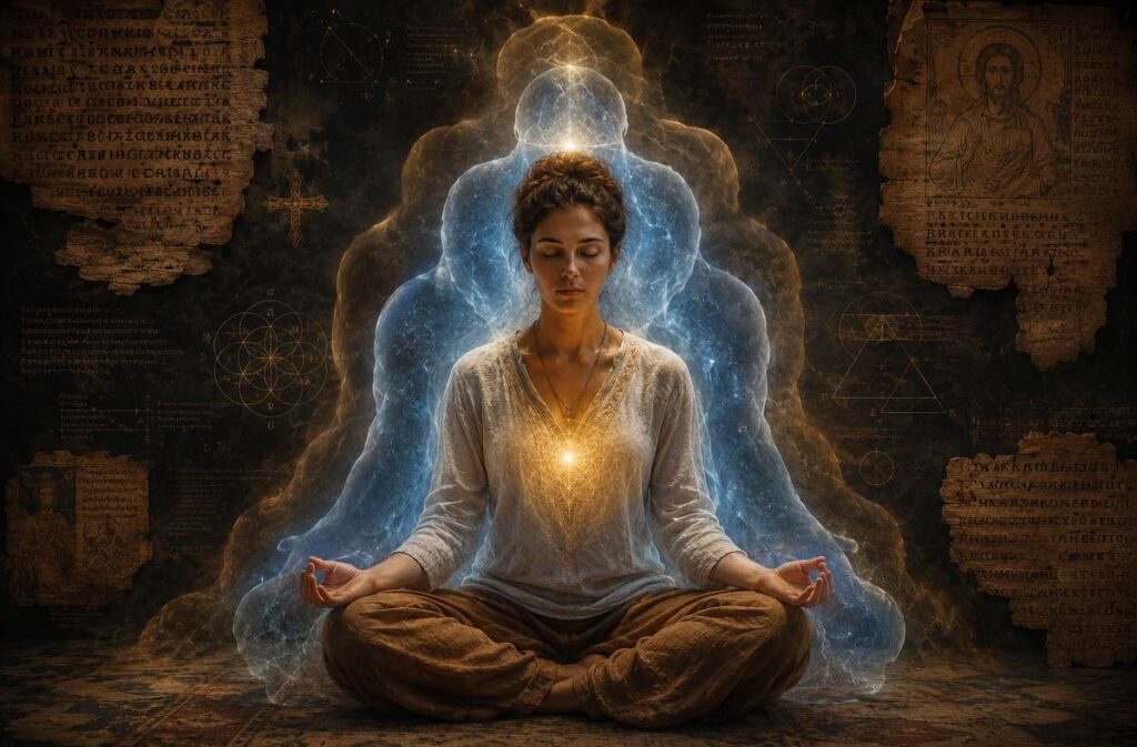 Contemplative figure surrounded by subtle translucent layers of body, soul and spirit with ancient manuscript fragments in the background.