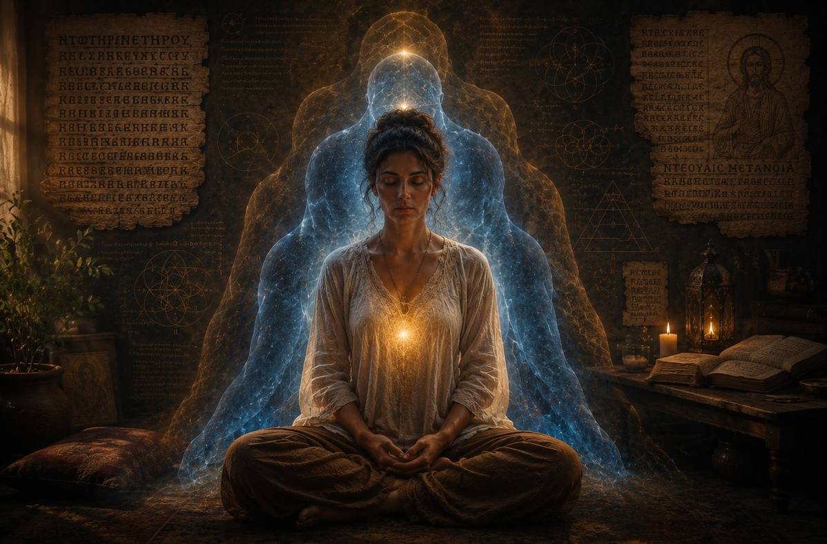 Contemplative figure surrounded by subtle layers of body, soul and spirit with ancient manuscript fragments in the background.
