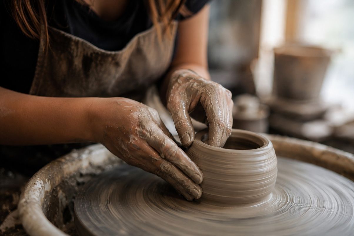 Hands shaping wet clay on a potter's wheel, the form not yet defined, soft light