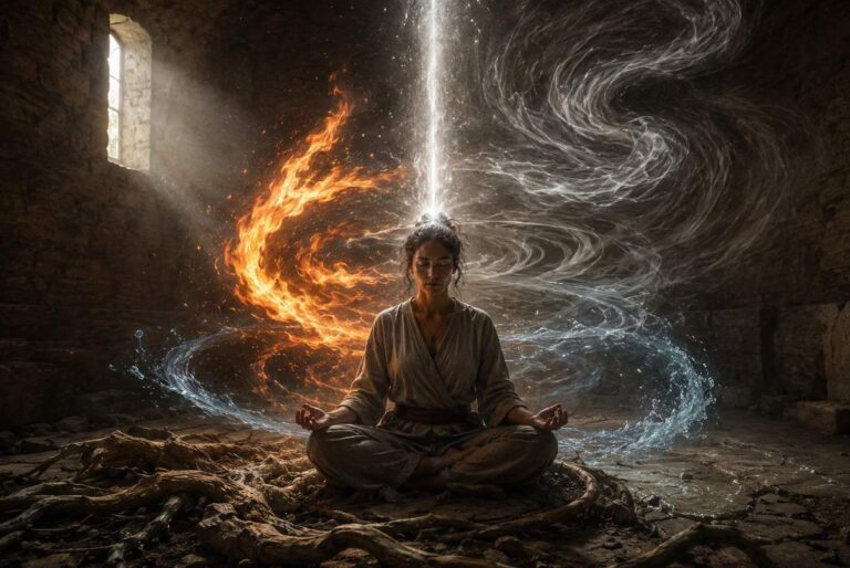 Practitioner in stone chamber with five elemental forces swirling around them