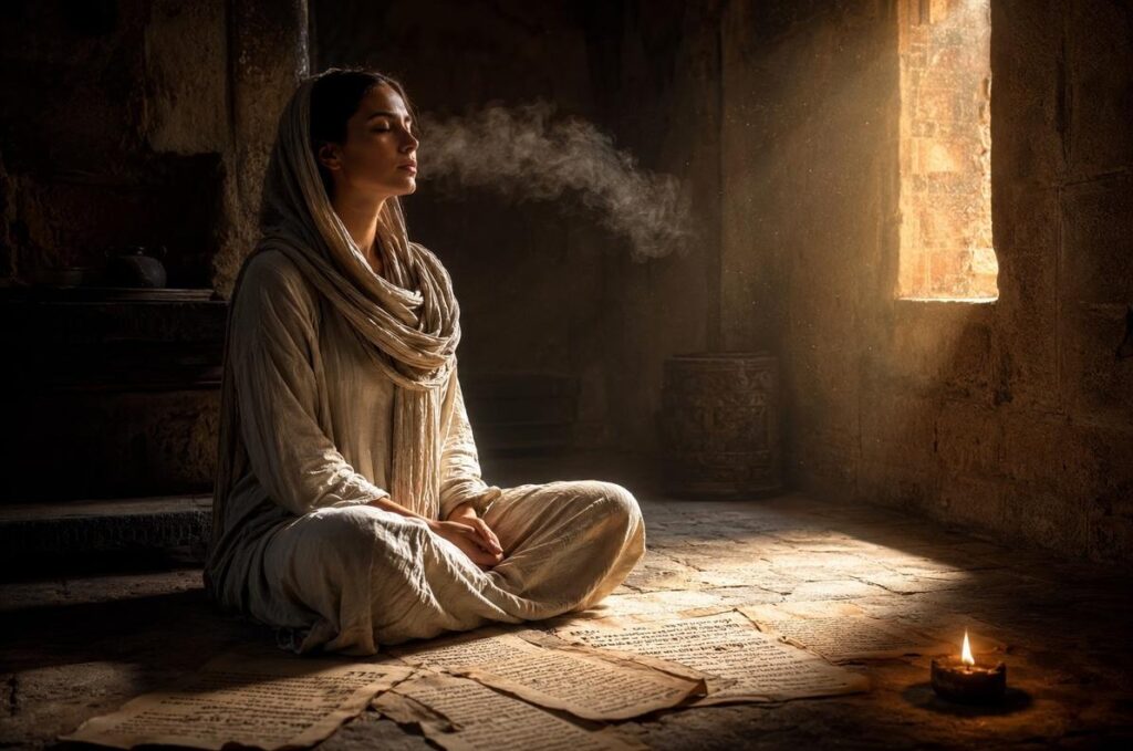 Practitioner performing breathwork at dawn in a simple stone chamber