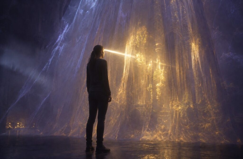 Figure with clear sight piercing through a translucent veil representing discernment