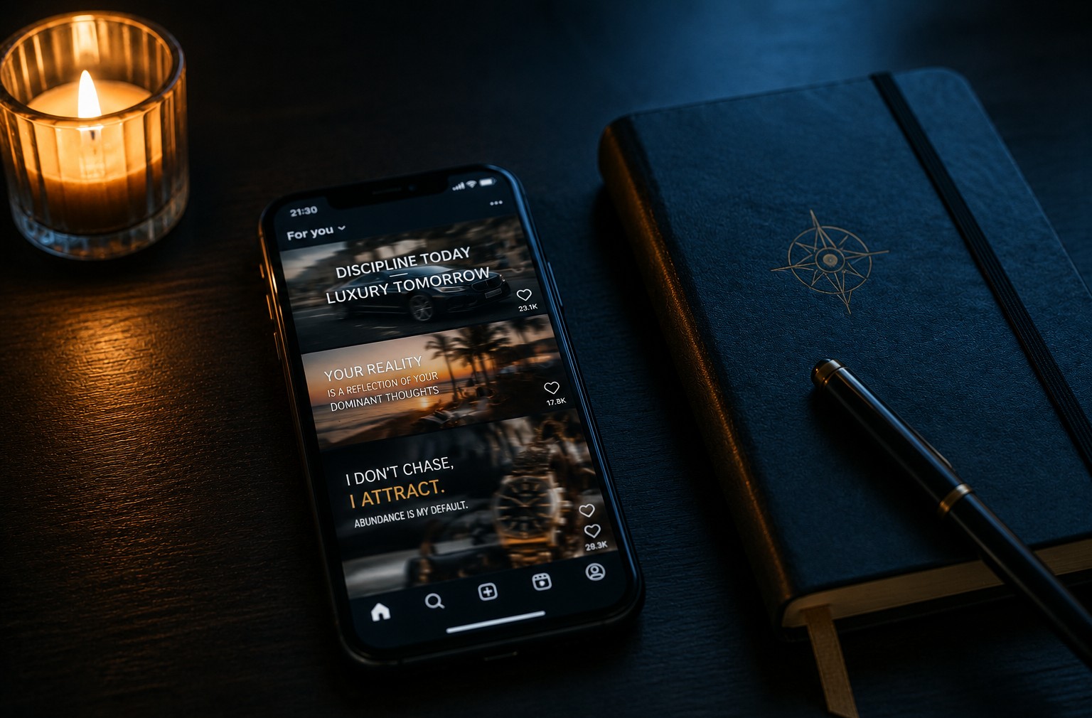 A smartphone on a dark table showing luxury adverts beside a quiet candle and closed notebook