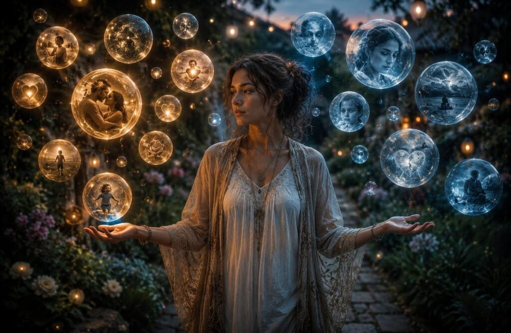 A figure standing in a twilight garden surrounded by floating translucent memories, emotions and symbols representing the inner world of psyche.
