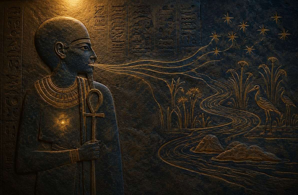 An Egyptian-inspired stone relief with a glowing heart and spoken lines becoming stars and river shapes, symbolising creation by thought and speech
