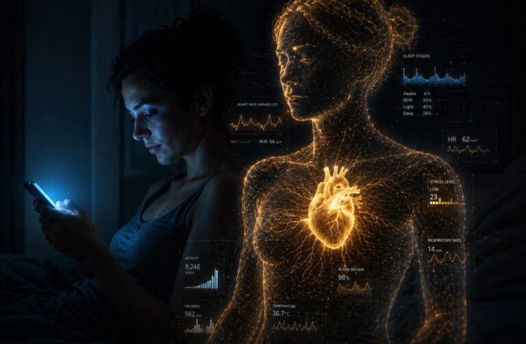 Conceptual art of a human figure made of glowing health data metrics with a golden organic heart at its centre