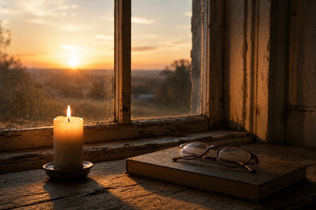 A single candle burning on a windowsill at dawn, quiet contemplation, light becoming character