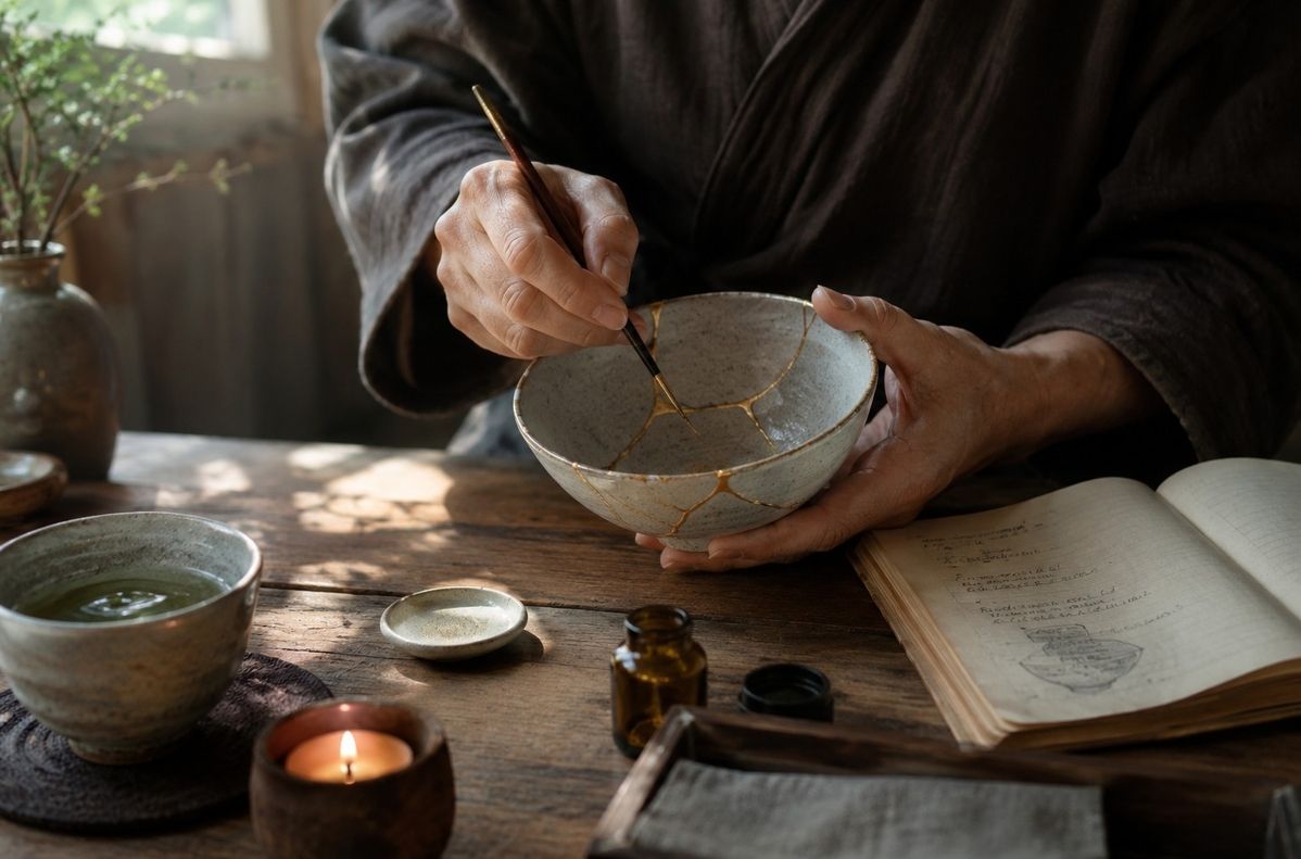 Hands repairing a cracked ceramic bowl with gold, symbolising awakening becoming ethics, repair and character.