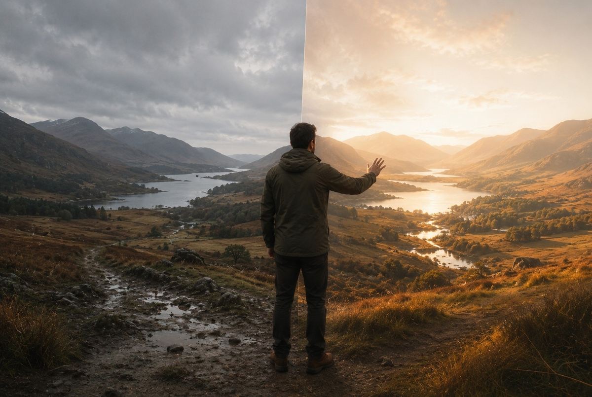 A person reaching toward a colour-graded, perfect landscape while ignoring the messy real version beside it, symbolising the preference for curated representation