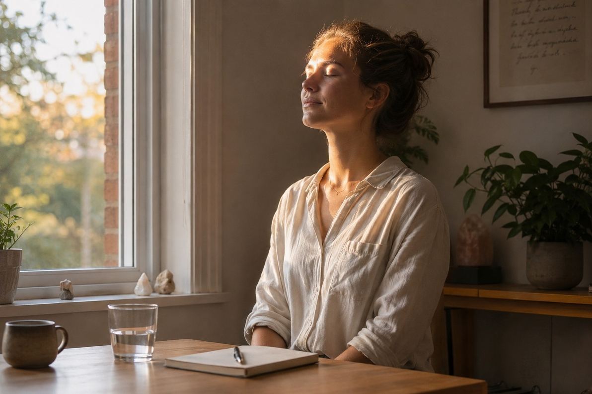 A person seated quietly near a window with soft morning light touching the forehead, symbolising the return of reflective awareness after nervous-system safety.