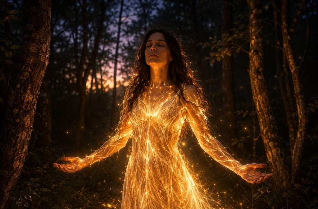 A human figure in a dark forest with bioluminescent light emanating from their body, illuminating the trees.