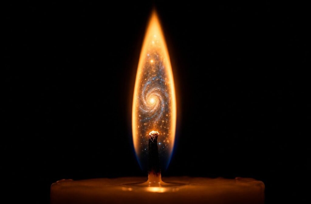 A solitary candle flame in a dark room containing a miniature galaxy of stars within it.