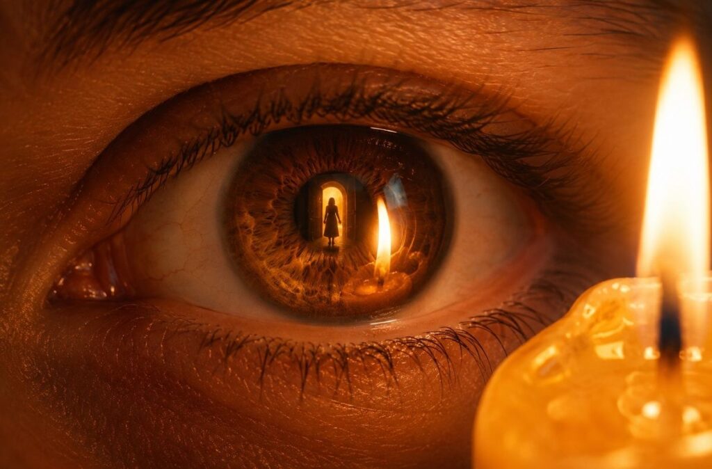 A single human eye reflected in a candle flame, the iris showing a figure in a doorway of light.