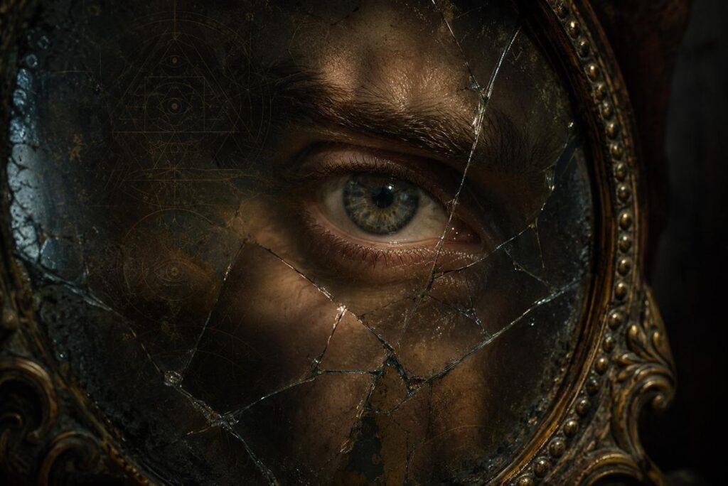 A human eye reflected in a cracked mirror with shadowy geometric patterns behind the glass, representing discernment.