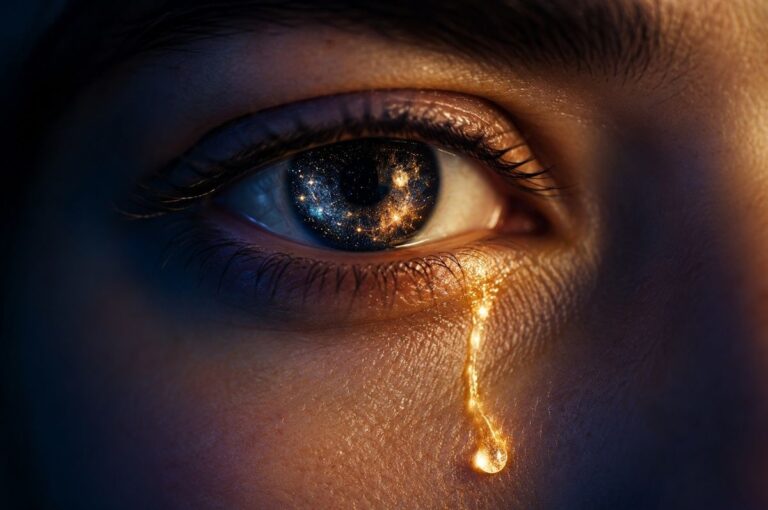 A human eye opening in darkness, the iris reflecting a starfield, with a golden tear rolling down the cheek.