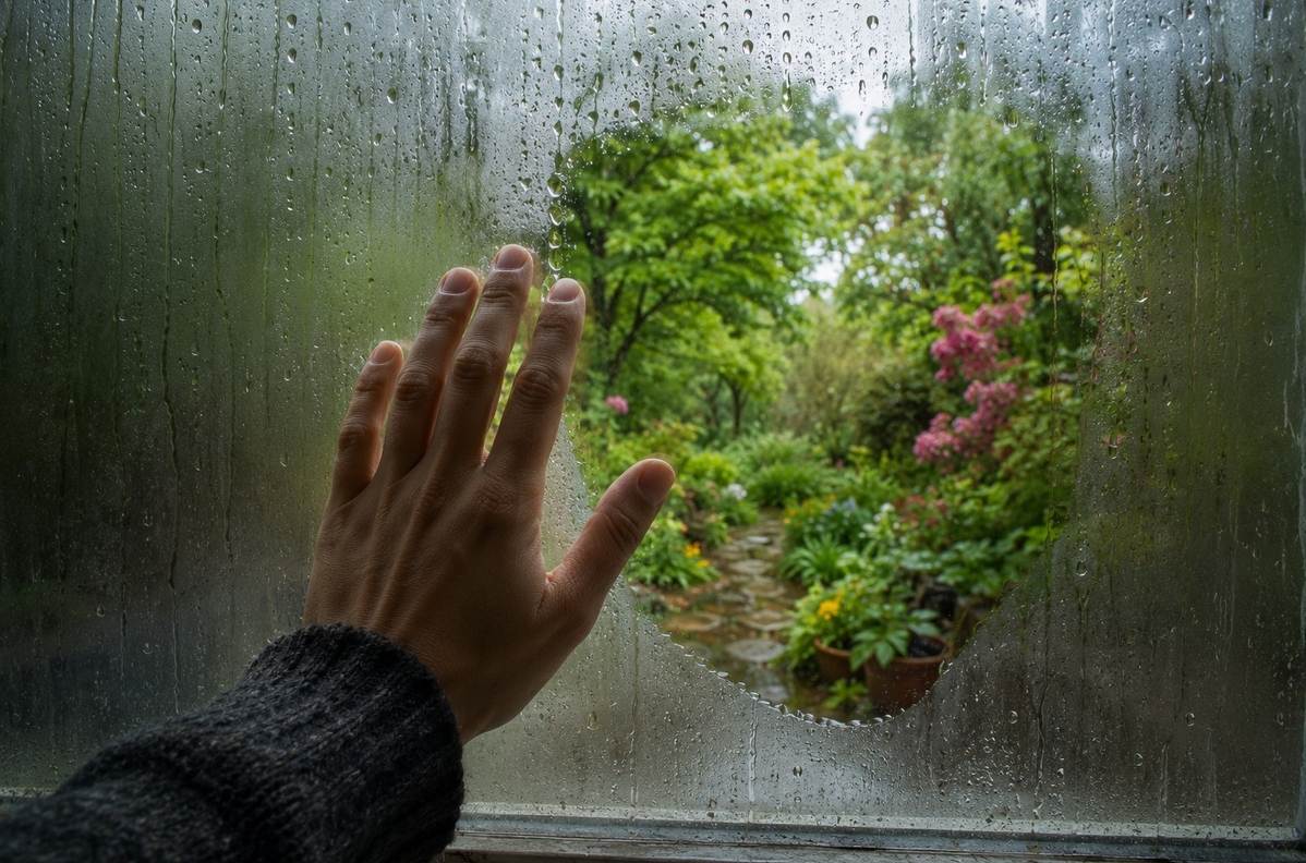 A hand gently touching a rain-streaked window, the glass becoming transparent enough to see the garden beyond