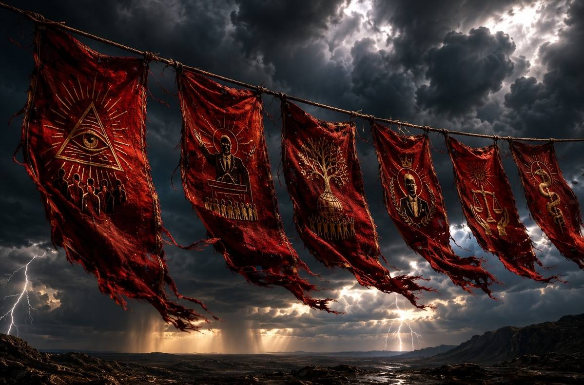 Red warning flags on a clothesline blowing against a stormy sky with subtle symbols of false authority