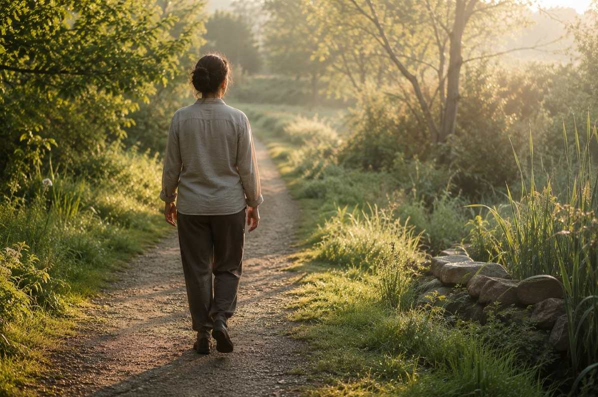 A person walking slowly on a quiet path at dawn, arms relaxed, symbolising rhythmic movement after nervous-system activation