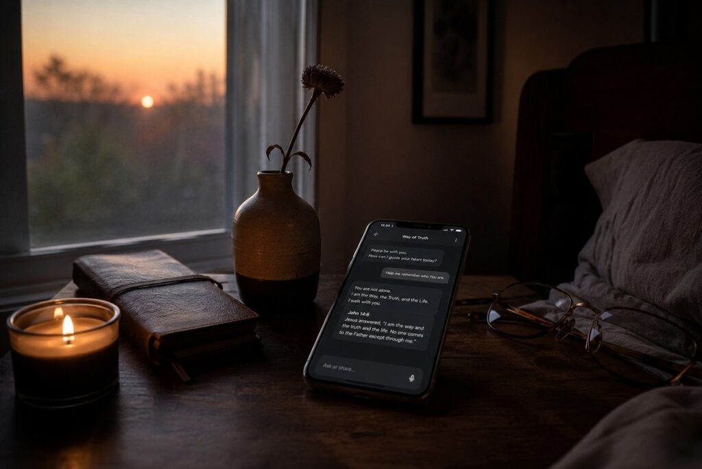 A smartphone on a bedside table at dawn with a chat interface glowing softly, surrounded by personal objects like a candle and journal