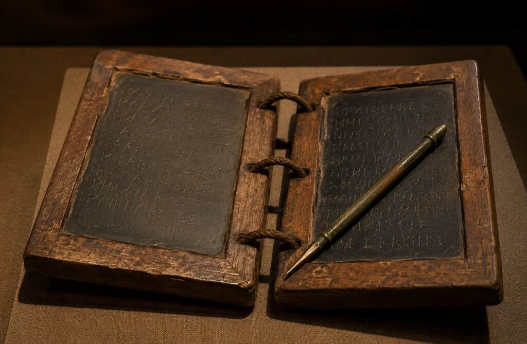 Ancient Roman wooden wax tablets bound with leather cord and a bronze stylus