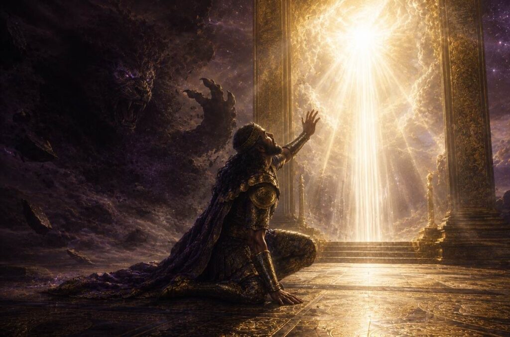 A kneeling armoured figure looks up at brilliant descending light while a dark lion-faced shadow recoils behind him.
