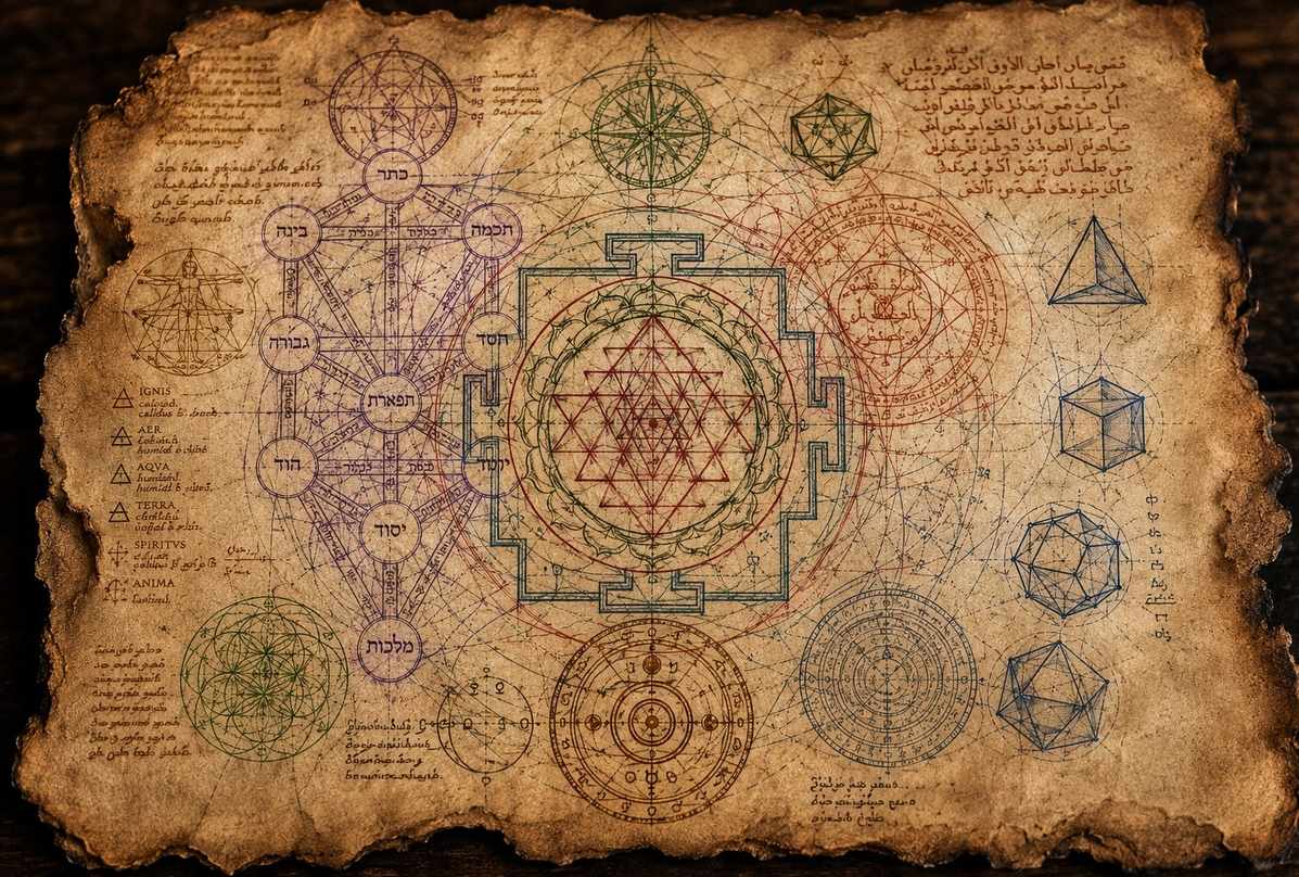 Overlapping sacred geometry symbols from multiple traditions including Kabbalistic Tree of Life, Sri Yantra, and alchemical mandala on aged parchment