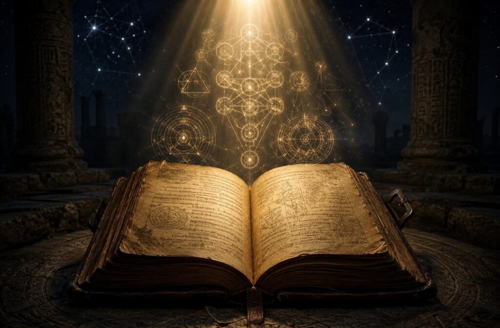 An ancient leather-bound codex open on a stone altar with geometric light patterns floating above, representing sacred texts and mythic cosmology.