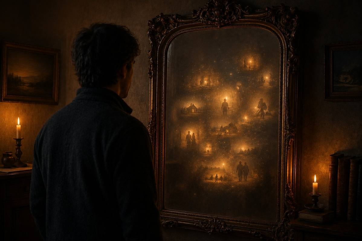 A person standing before an antique mirror that reflects not their face but a constellation of memories and stories
