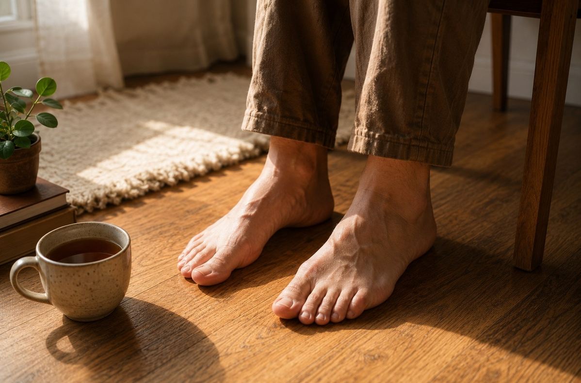 Bare feet resting on a wooden floor beside a soft rug and cup of tea, symbolising sensory grounding and return to the present room