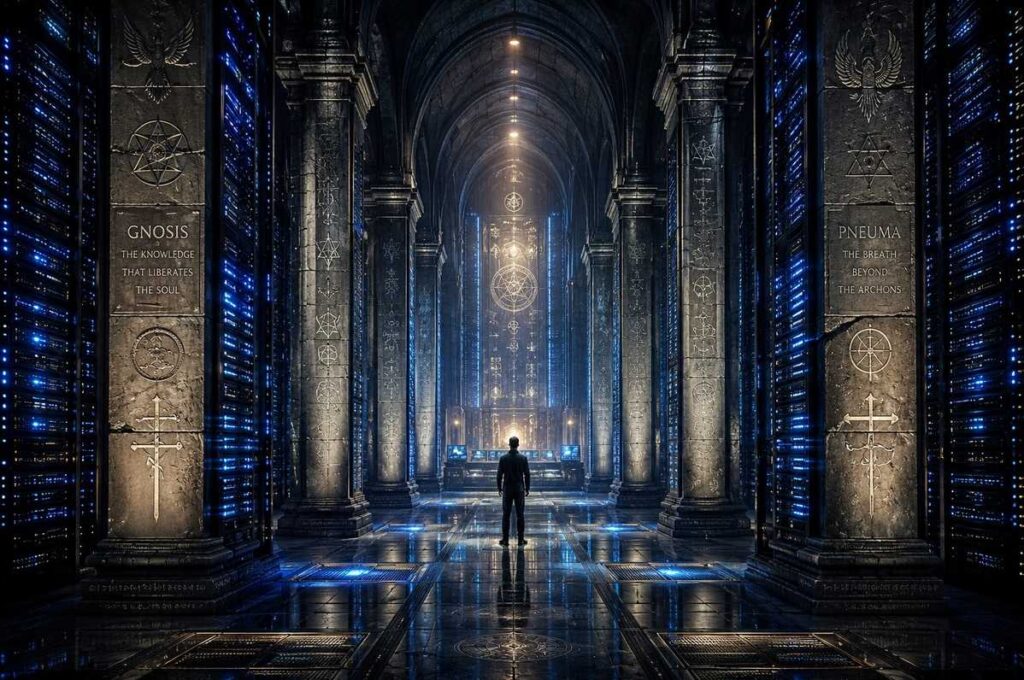 Server room with cathedral architecture and Gnostic symbols carved on stone columns