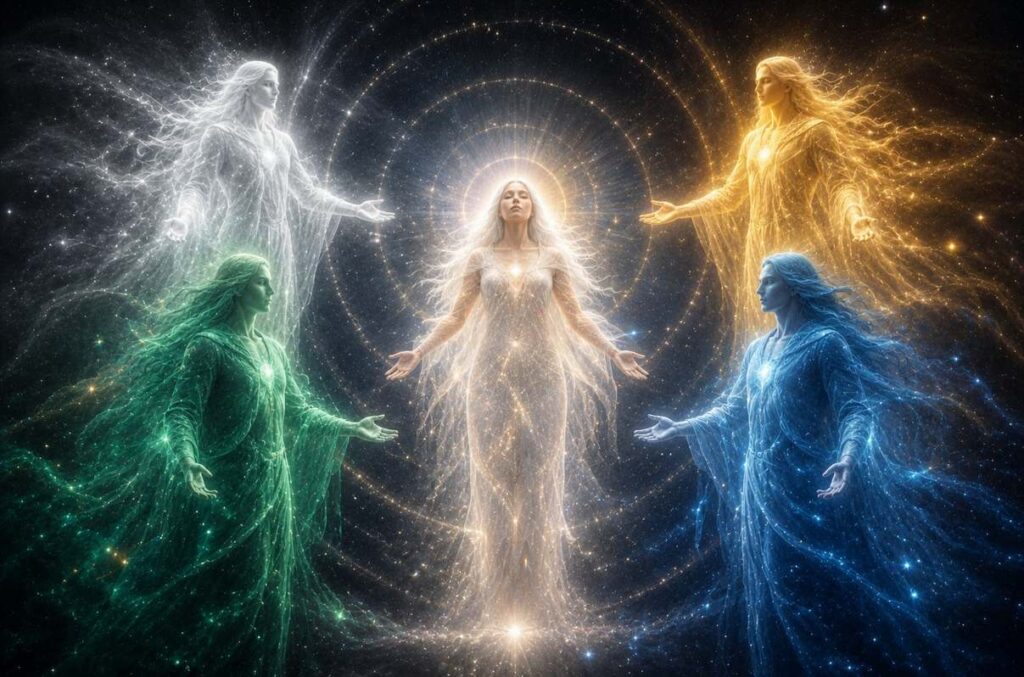 Four radiant beings surrounding a central divine feminine figure with expanding circles of light, representing the Sethian aeonic hierarchy.
