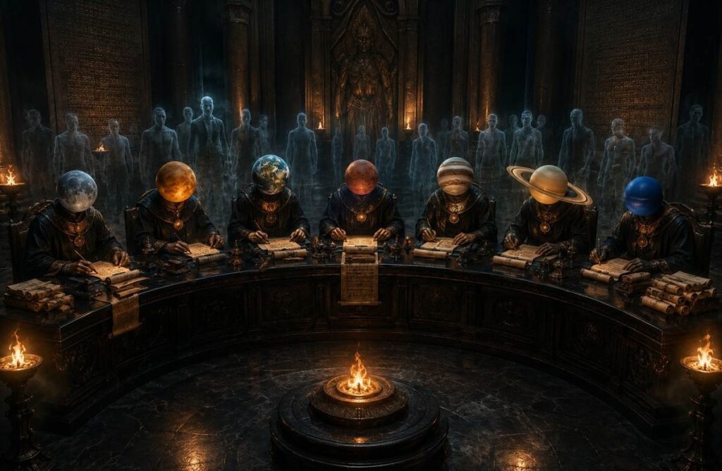 Seven masked planetary rulers process soul contracts at an obsidian table, illustrating the archontic administration of reincarnation.