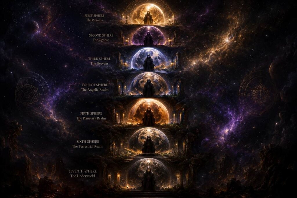 Seven planetary spheres arranged vertically with shadowy governing figures at each celestial level, ancient Gnostic cosmology.