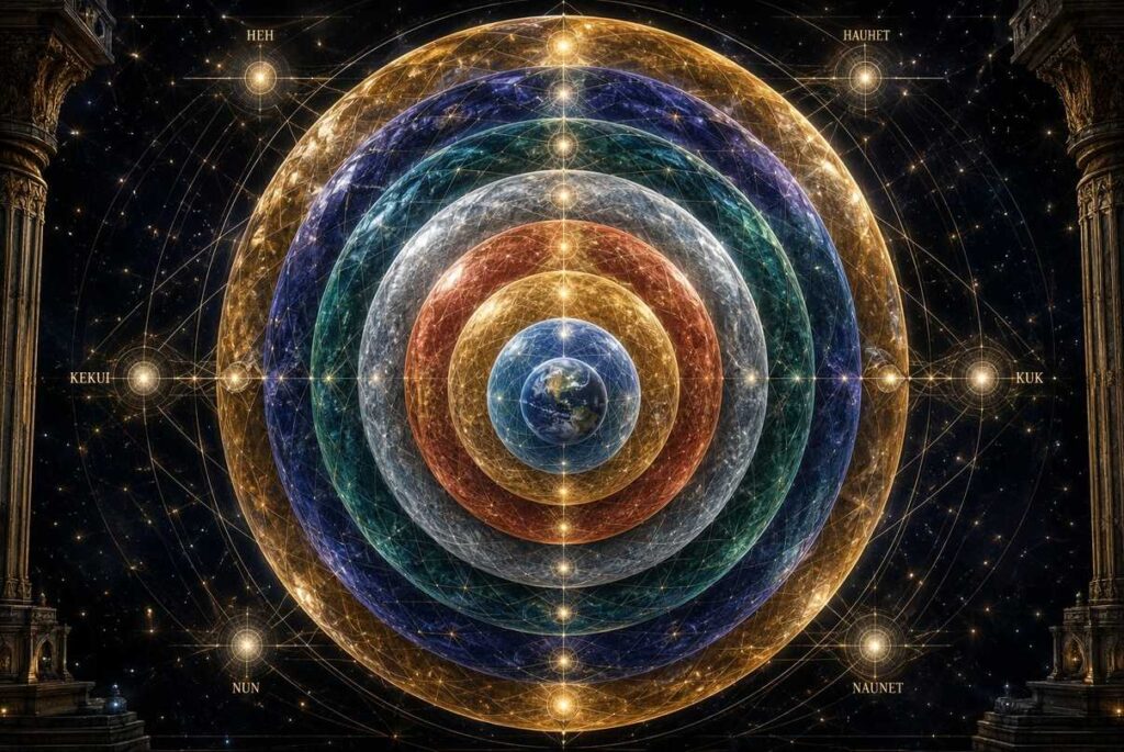 Ancient cosmological diagram of seven nested crystalline planetary spheres floating in deep space with geometric precision.