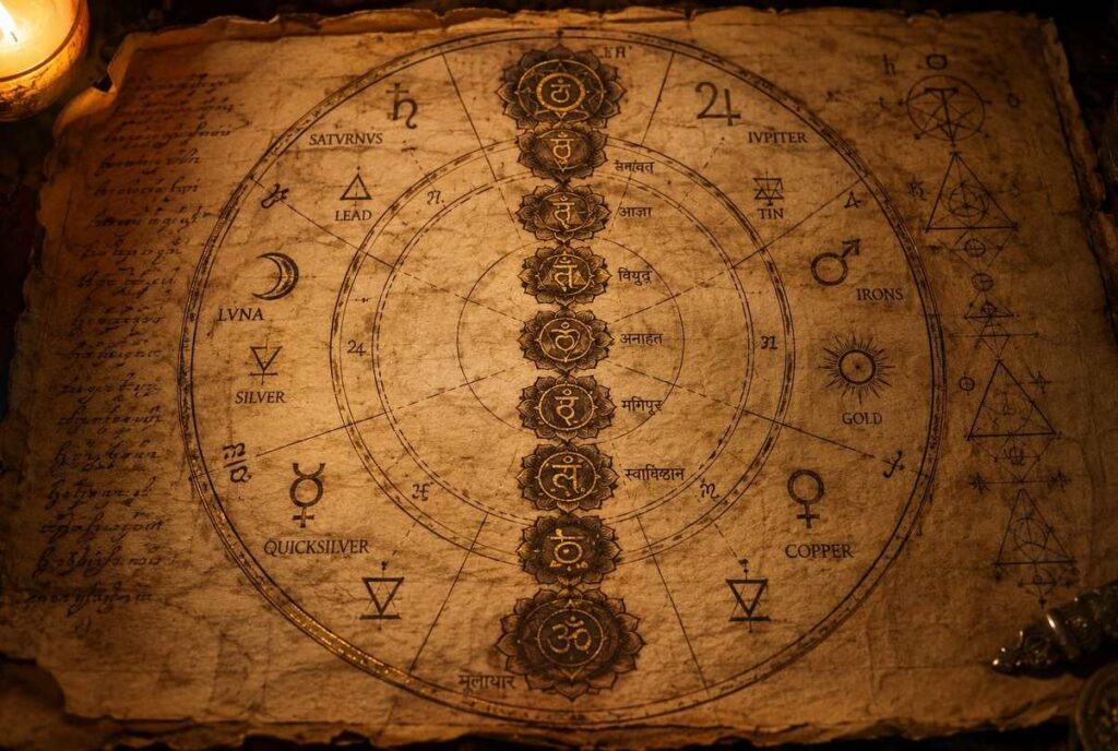 Sevenfold pattern of planets, metals, and chakras on ancient parchment