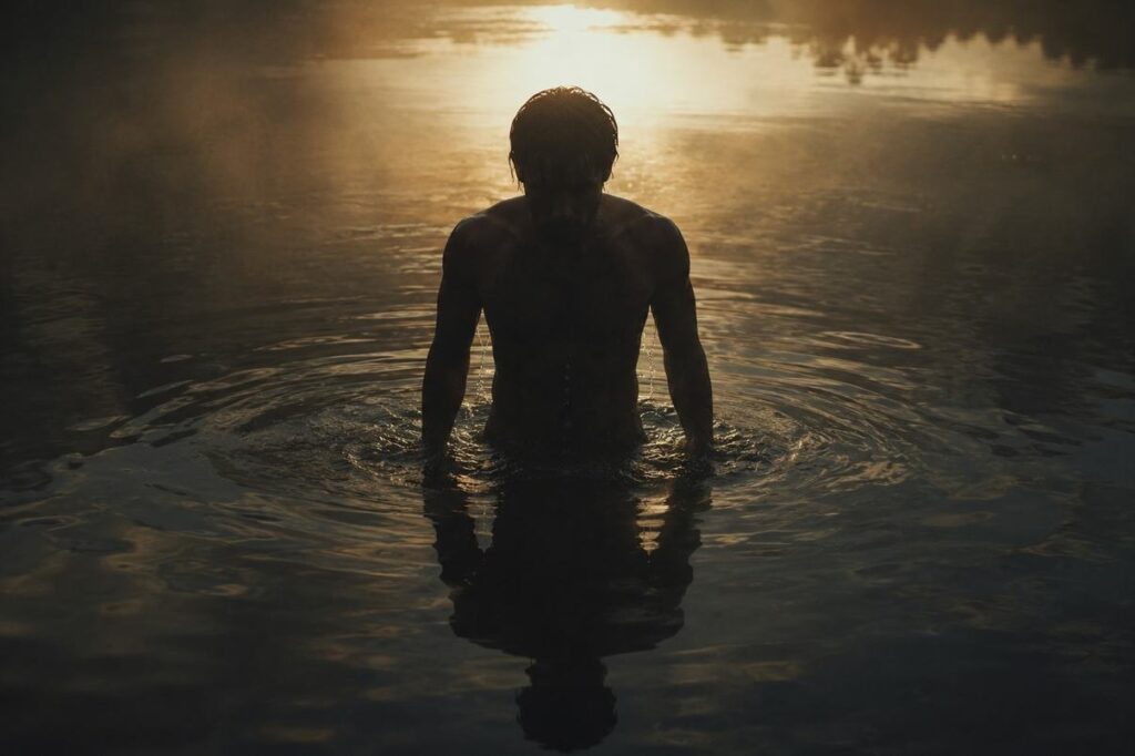 Shadow figure emerging from dark waters into dim light representing shadow work